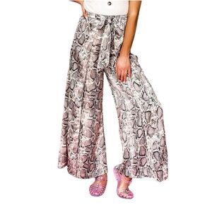 SHE AND SKY Snakeskin Python Flowy Palazzo Pants Elasticized Waist Silky Gray S